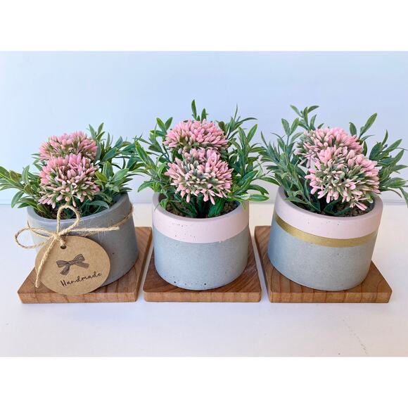 Set of 3 Artificial Pink Allium Flowers in Handmade Concrete Pot with Wood Tray - Picture 9 of 9
